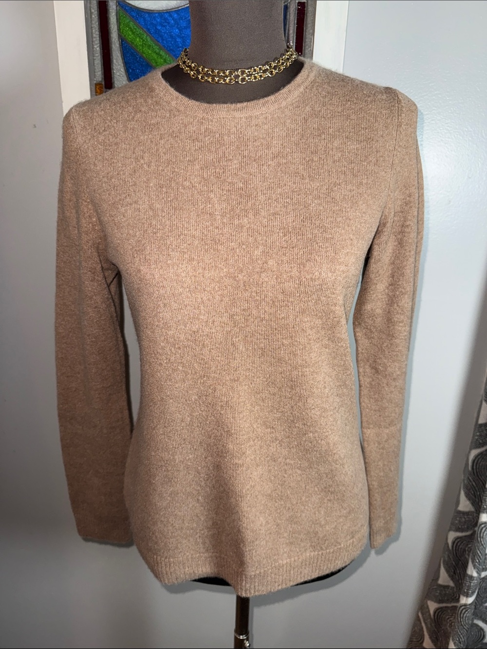 L.L.Bean 100% Cashmere Crewneck Sweater - Size Medium - Tan/Camel